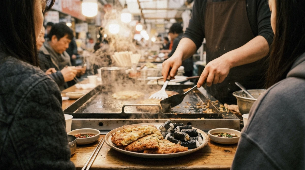 A small group tasting Korean street food together with a local guide during a Seoul food tour at a market stall