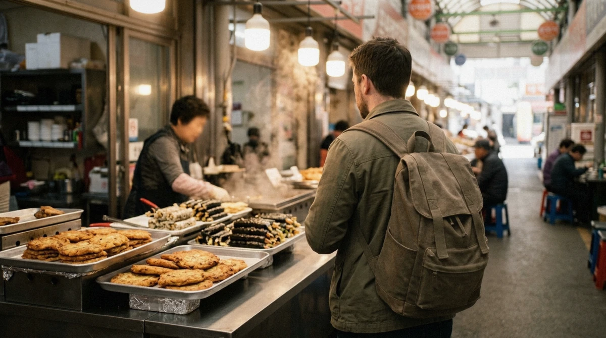 A solo traveler ordering street food from a posted-price stall while visiting Seoul markets on your own without a tour