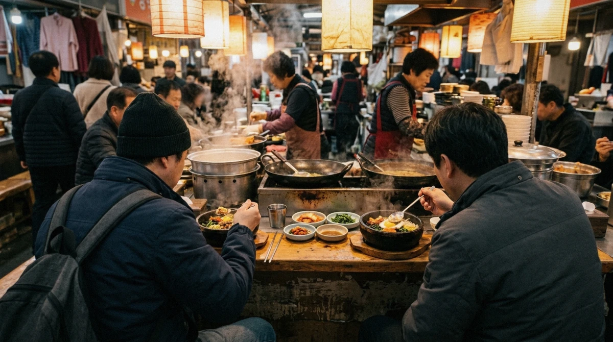 Visitors sharing a table of Korean dishes and side banchan, showing Korean food etiquette for tourists at a Seoul market stall