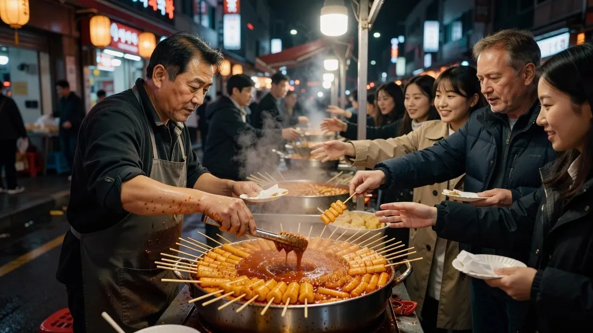 Skewers of tteokbokki and fish cake in bubbling red sauce at a night stall on a seoul food tours street-food walk in Seoul, South Korea